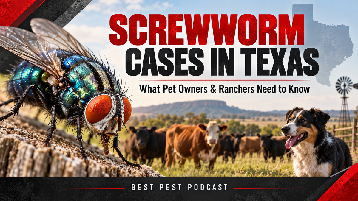 Screwworm fly illustration with cattle and a dog on a Texas ranch
