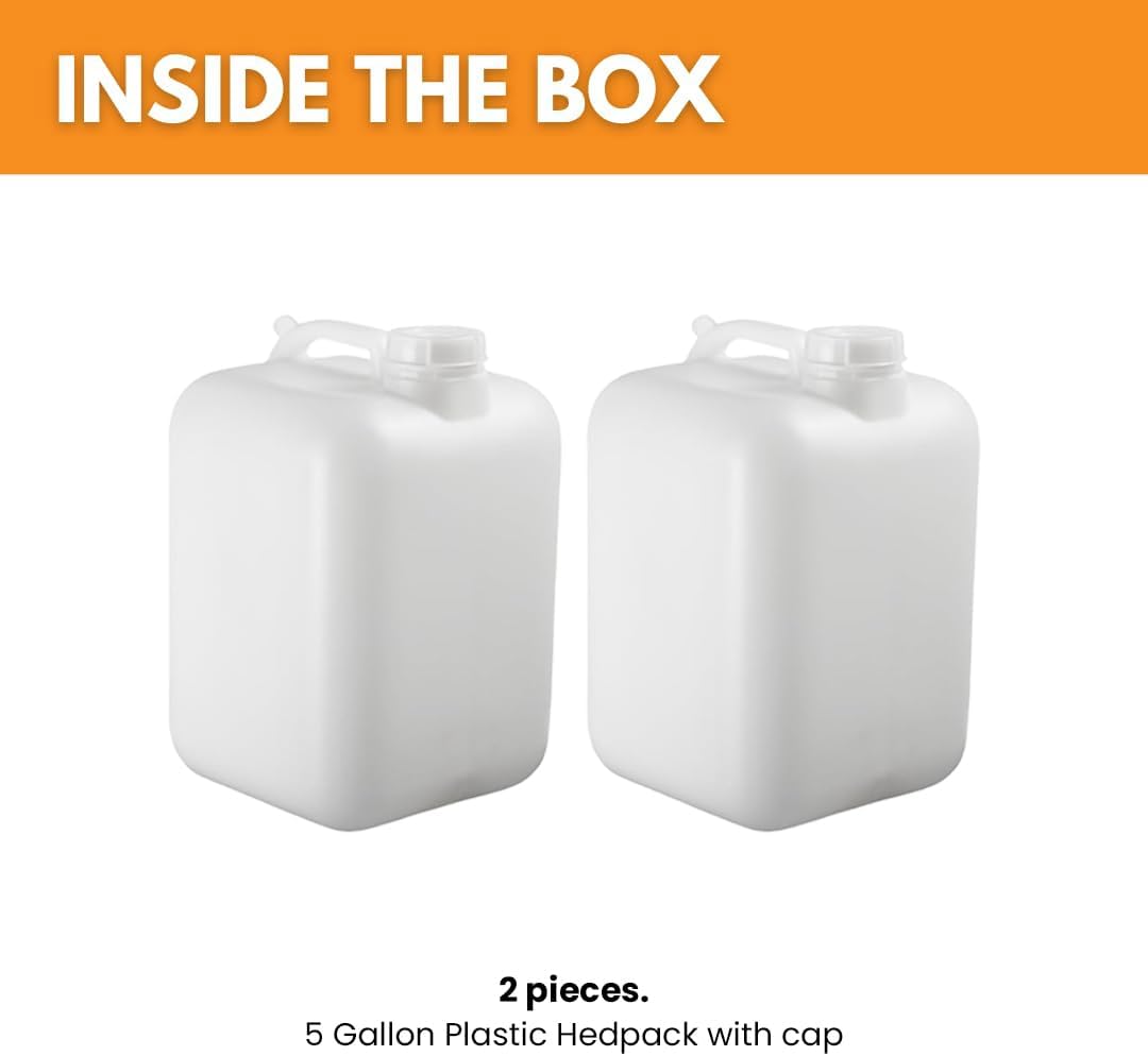 FastRack 5 Gallon Hedpak with Cap (Pack of 2) | BPA-free, Food-Grade, and Leak-Proof | White Water Container | Ideal for brewing, fermentation, or storage