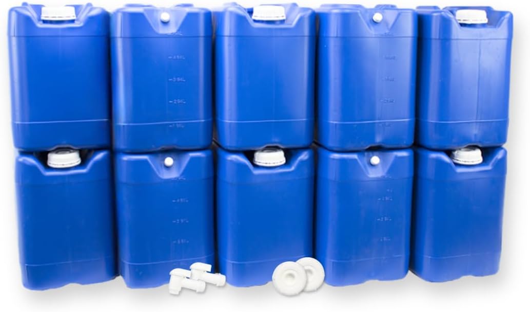 5-Gallon Stackable Water Storage Containers, w/Lids + Spigot, Easy Fill, Survial Supply, Emergency Water Storage for Camping and Disaster Preparedness, RV, 50 Gallon Set (10 Tanks)