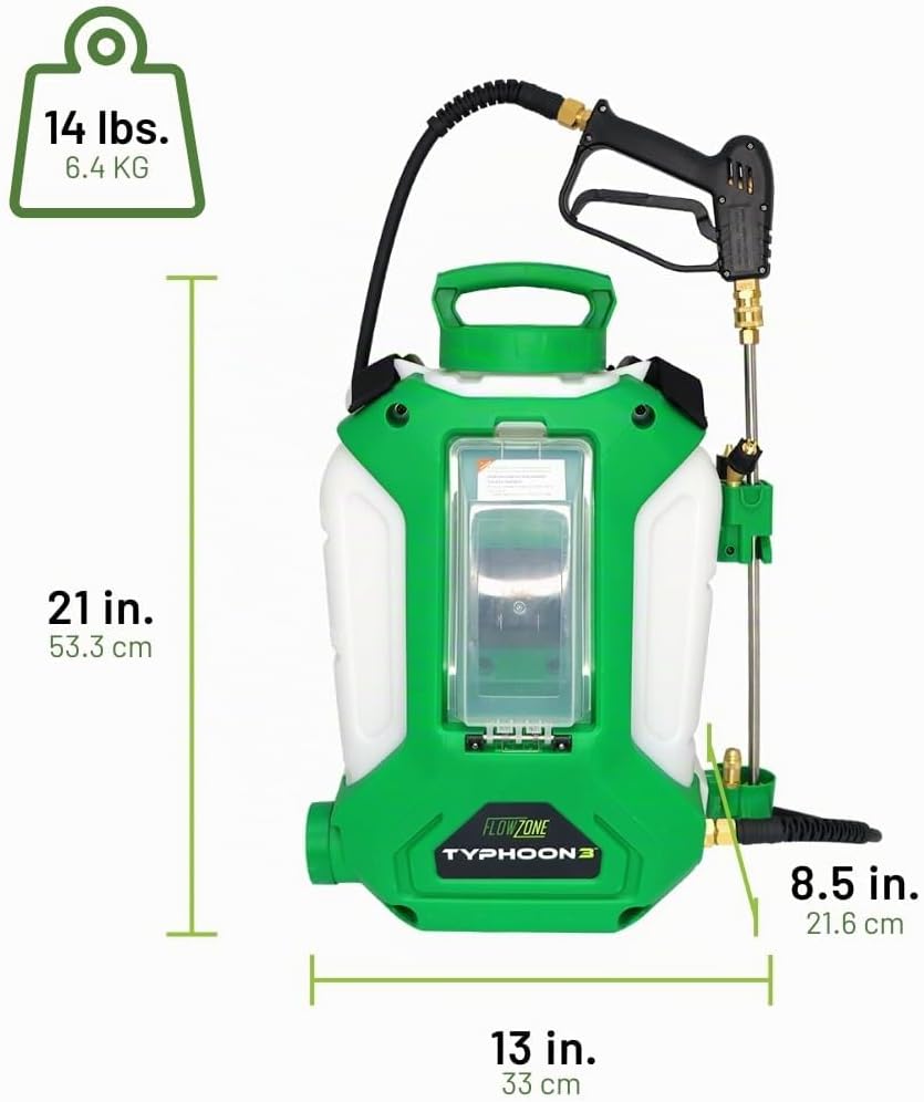 FlowZone Typhoon 3 - Pulverizador eléctrico de mochila a batería de presión variable de 5 posiciones que funciona con baterías FlowZone, DeWalt, Milwaukee, Makita y Bosch (batería no incluida)