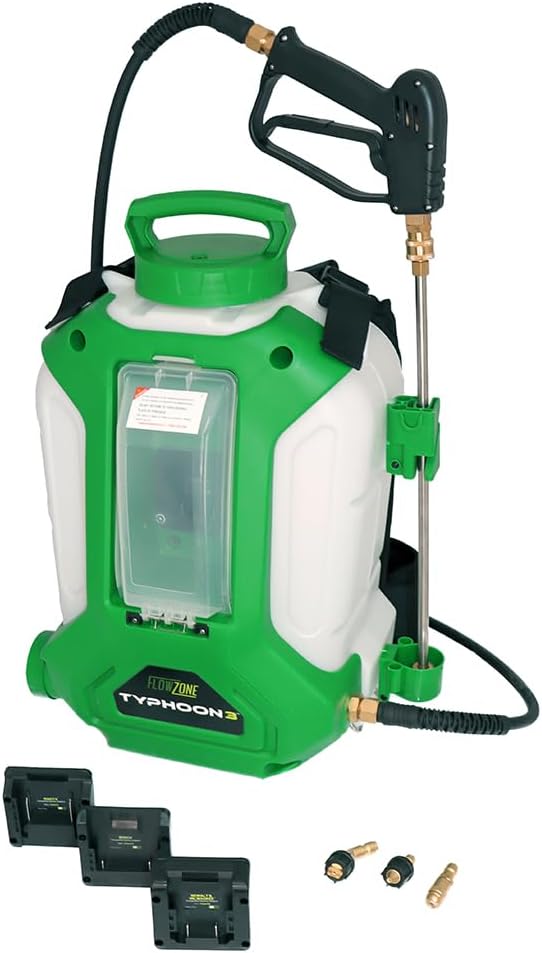 FlowZone Typhoon 3 - Pulverizador eléctrico de mochila a batería de presión variable de 5 posiciones que funciona con baterías FlowZone, DeWalt, Milwaukee, Makita y Bosch (batería no incluida)