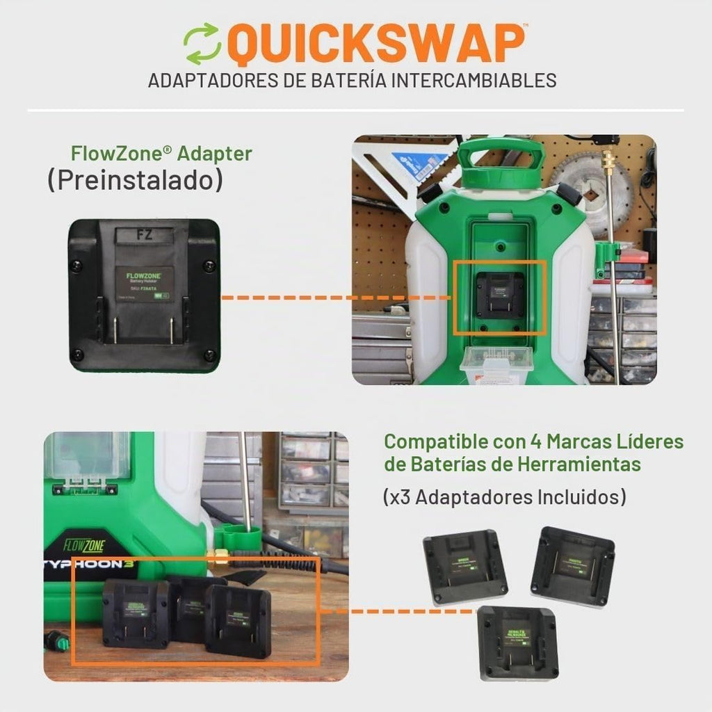 FlowZone Typhoon 3 - Pulverizador eléctrico de mochila a batería de presión variable de 5 posiciones que funciona con baterías FlowZone, DeWalt, Milwaukee, Makita y Bosch (batería no incluida)