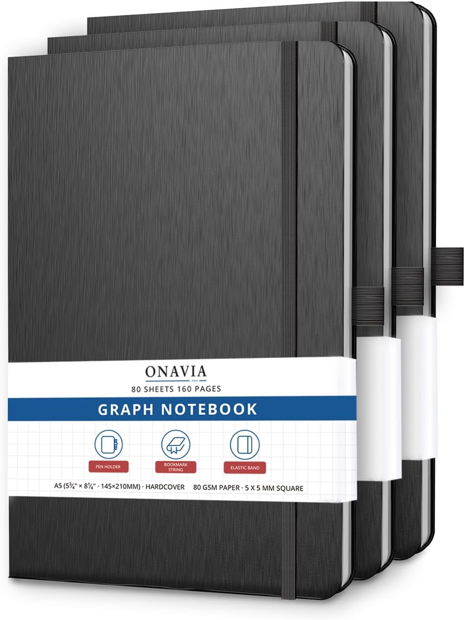 ONAVIA A5 Graph Notebook Hardcover, Work Journal, 160 Pages, Black