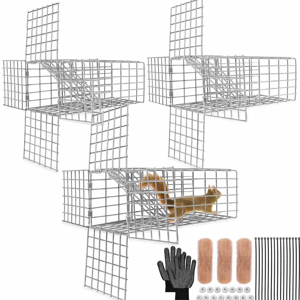 2Sets One Way Squirrel Door Excluders, 3 × 3 × 9inch Animal Excluder Cage, Humane Squirrels, Chipmunks Contactless Excluder, for Outdoor Spaces Like Attics, Chimneys - Includes Full Installation Kit