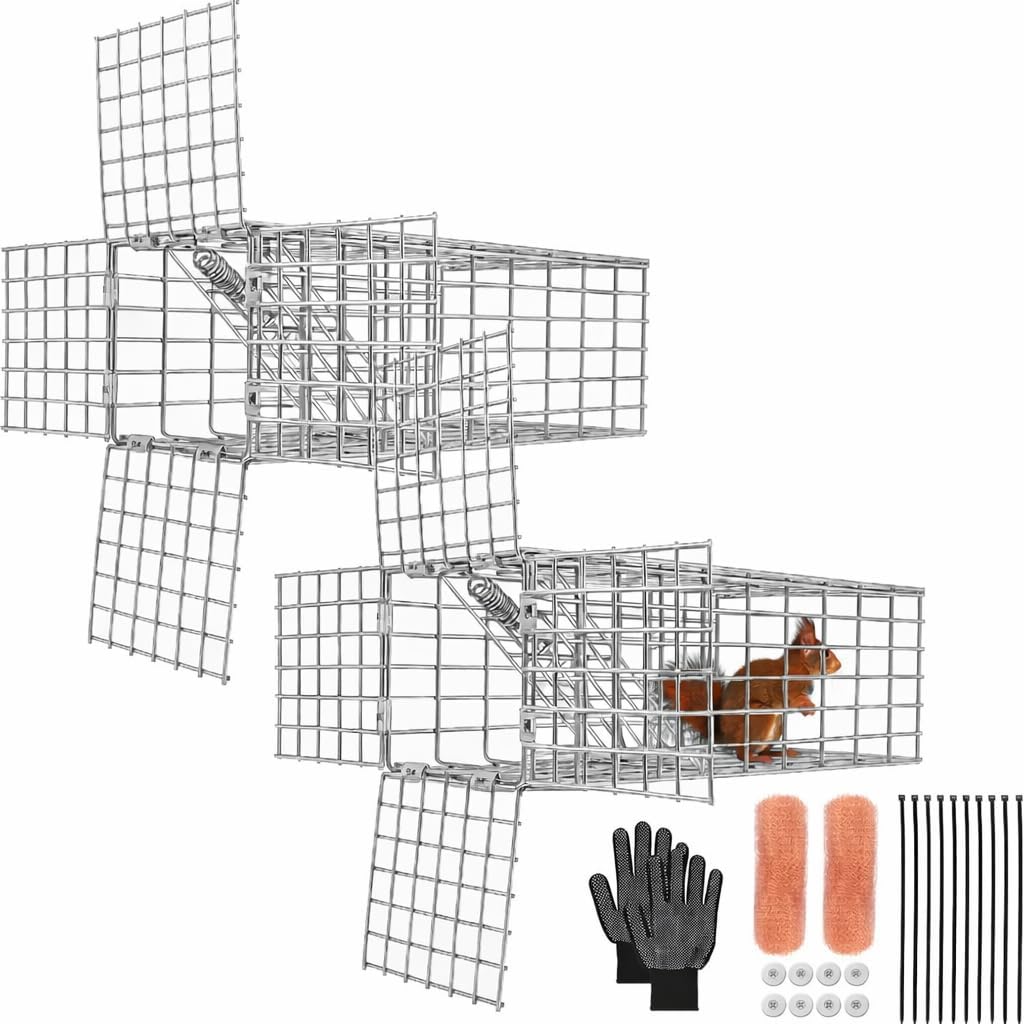 2Sets One Way Squirrel Door Excluders, 3 × 3 × 9inch Animal Excluder Cage, Humane Squirrels, Chipmunks Contactless Excluder, for Outdoor Spaces Like Attics, Chimneys - Includes Full Installation Kit