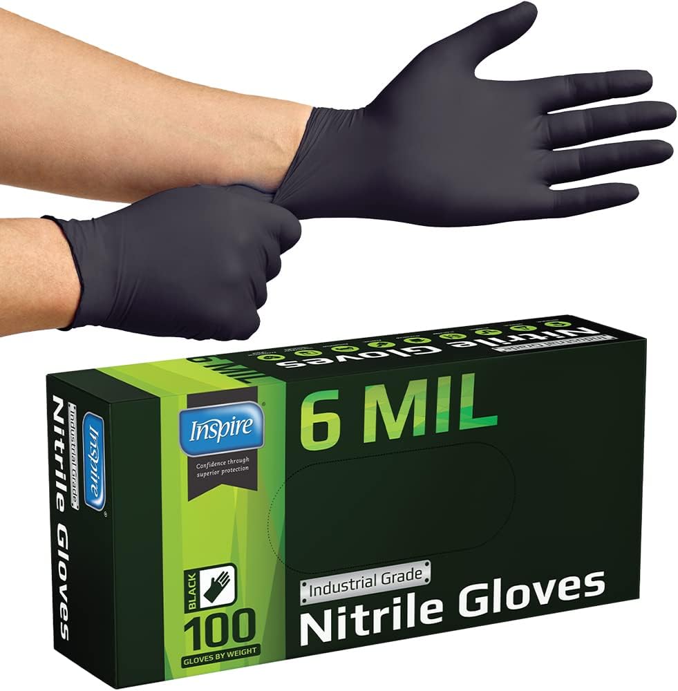 Inspire 6 or 8 Mil HEAVY DUTY Stretch Nitrile Black Gloves Disposable Latex Free