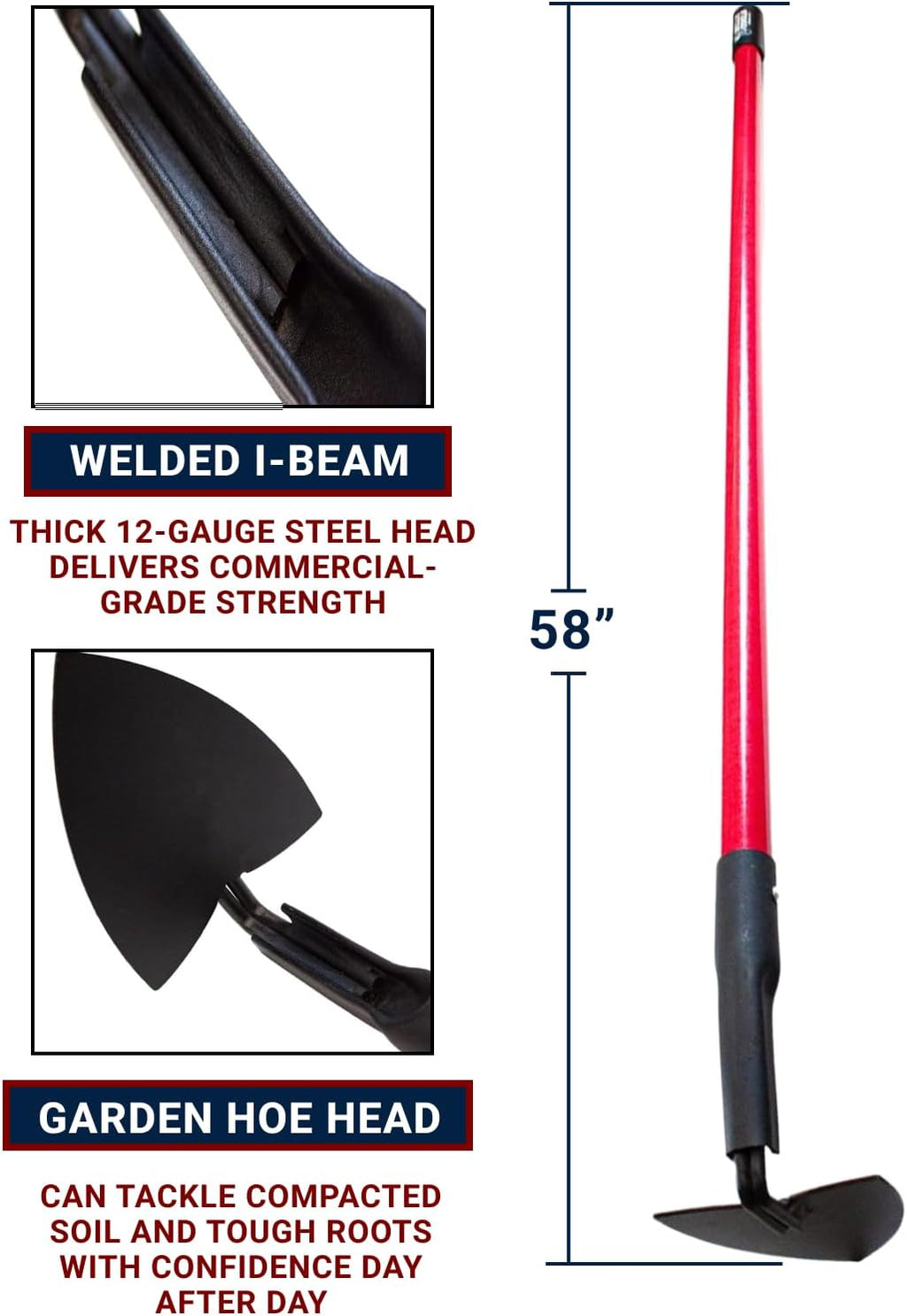 BULLY TOOLS Warren Hoe Professional 12-Gauge 6.25-Inch Garden Hoe Tool with Fiberglass Handle, Commercial Strength, Gardening Tools, 100% Made in The USA