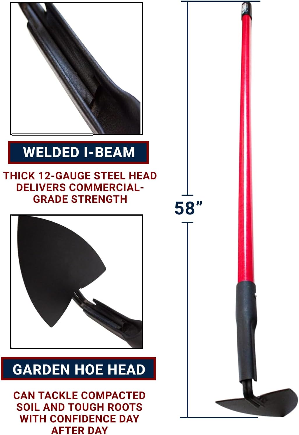 BULLY TOOLS Warren Hoe Professional 12-Gauge 6.25-Inch Garden Hoe Tool with Fiberglass Handle, Commercial Strength, Gardening Tools, 100% Made in The USA