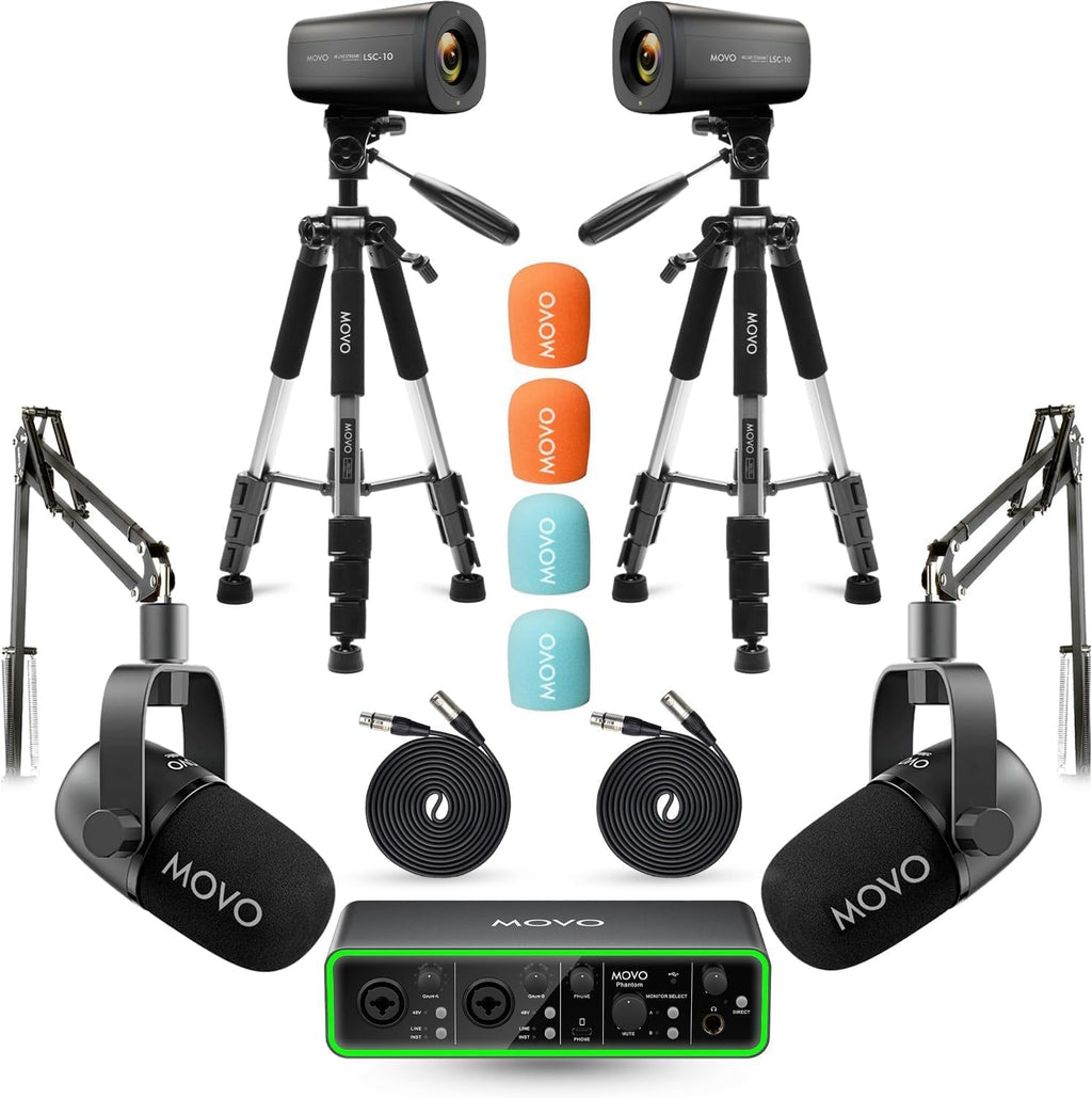 Movo Video Podcast Equipment Bundle – USB Audio Interface, 2 XLR Dynamic Microphones, 2 4K Cameras, 2 Boom Arms – Complete Podcast Setup