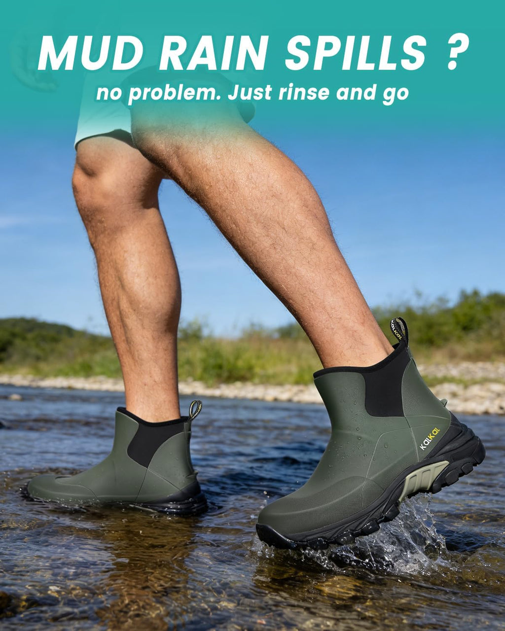 Kalkal Men's Ankle Rain Boots Waterproof Rubber Boots with Shock Absorption Sports Sole, Insulated Outdoor Mud Boots for Casual Yard Work