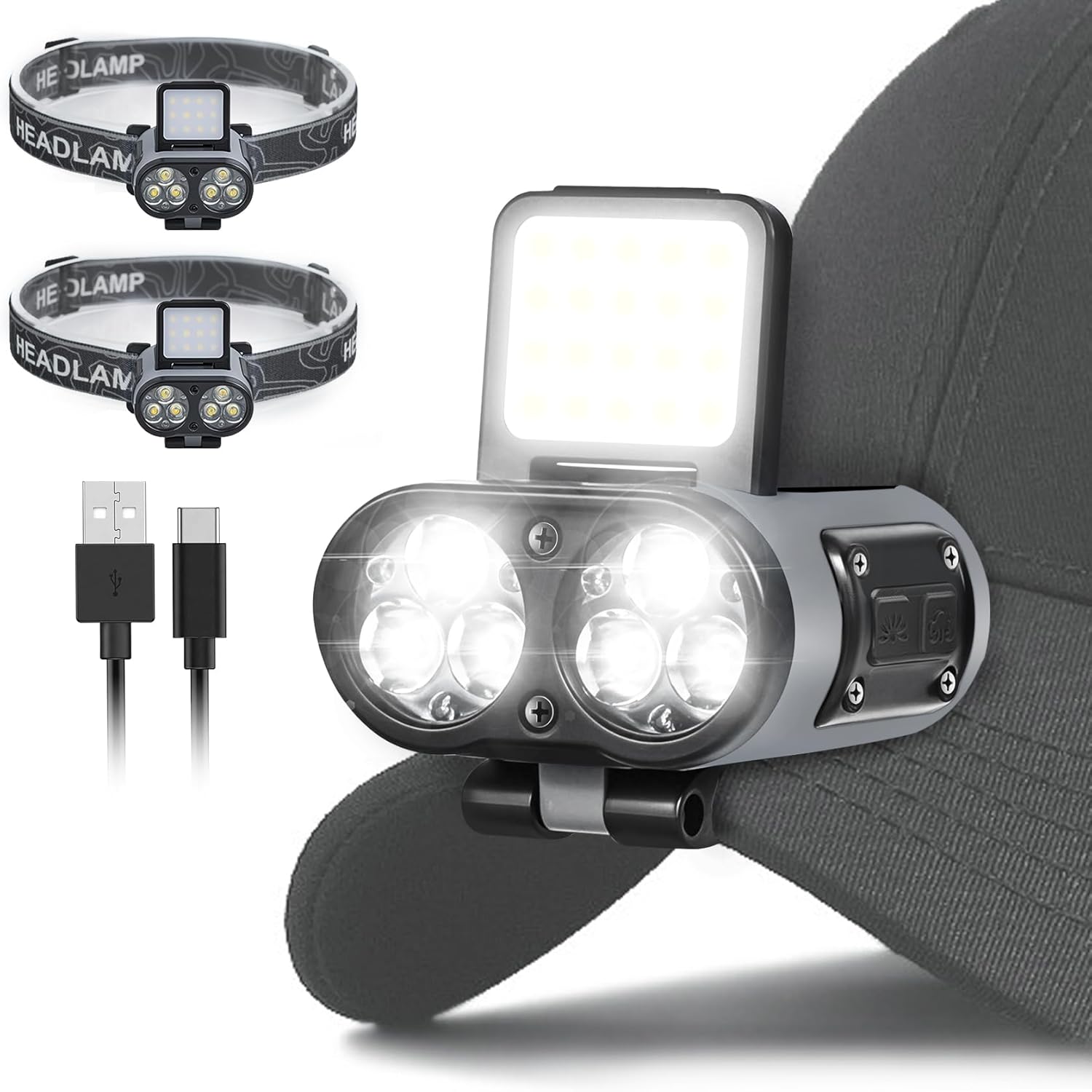 2-Pack Rechargeable Hat Clip Lights, 900LM Spot & COB Clip-On Headlamps