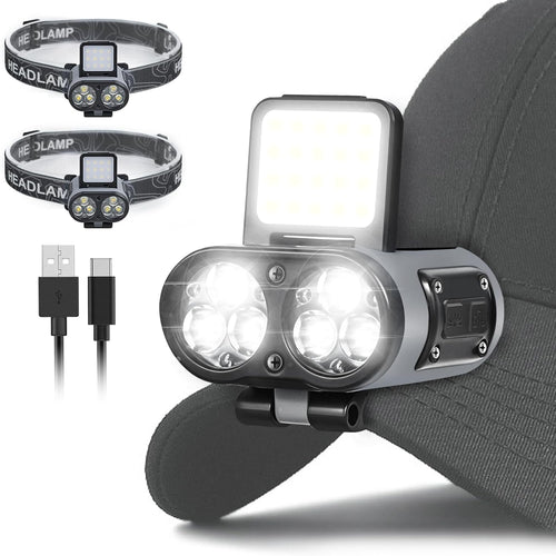 2-Pack Rechargeable Hat Clip Lights, 900LM Spot & COB Clip-On Headlamps