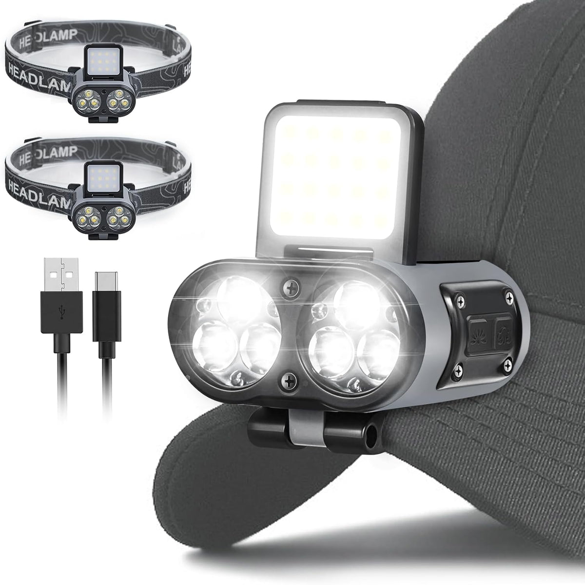 2-Pack Rechargeable Hat Clip Lights, 900LM Spot & COB Clip-On Headlamps