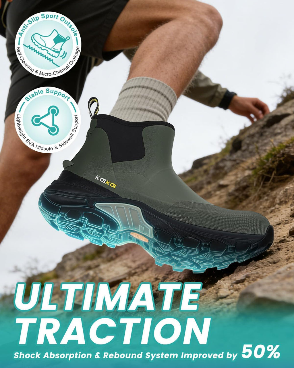 Kalkal Men's Ankle Rain Boots Waterproof Rubber Boots with Shock Absorption Sports Sole, Insulated Outdoor Mud Boots for Casual Yard Work