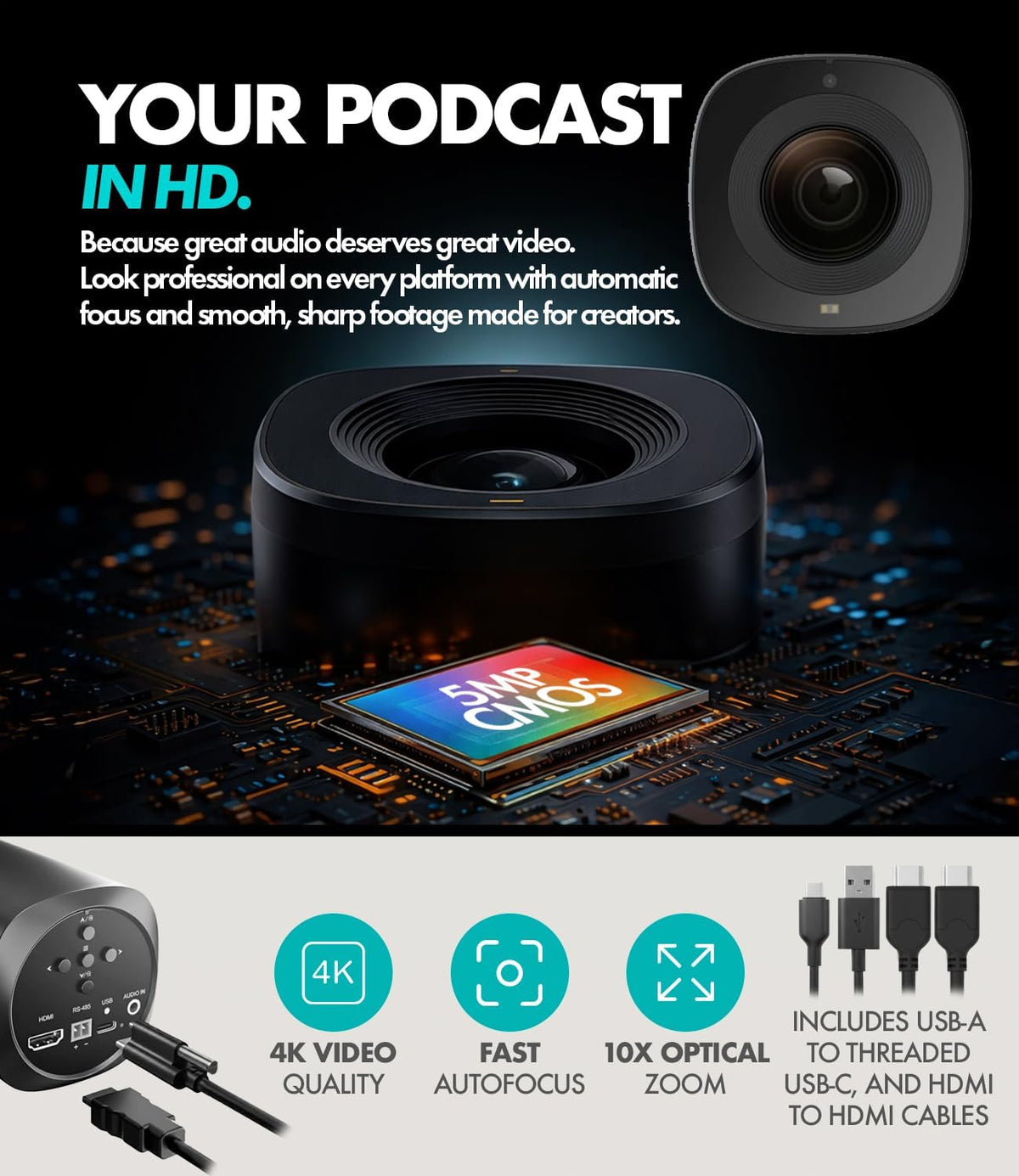 Movo Video Podcast Equipment Bundle – USB Audio Interface, 2 XLR Dynamic Microphones, 2 4K Cameras, 2 Boom Arms – Complete Podcast Setup