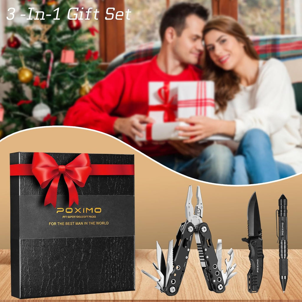 Multitool Gift Set for Men Dad Him, 3-in-1 EDC Survival Kit with 14 in1 Multi-Pliers, Pocket Knife & Tactical Pen | Premium Military-Grade Multi Tools for Camping, Car, Father’s Day, Dad Gifts