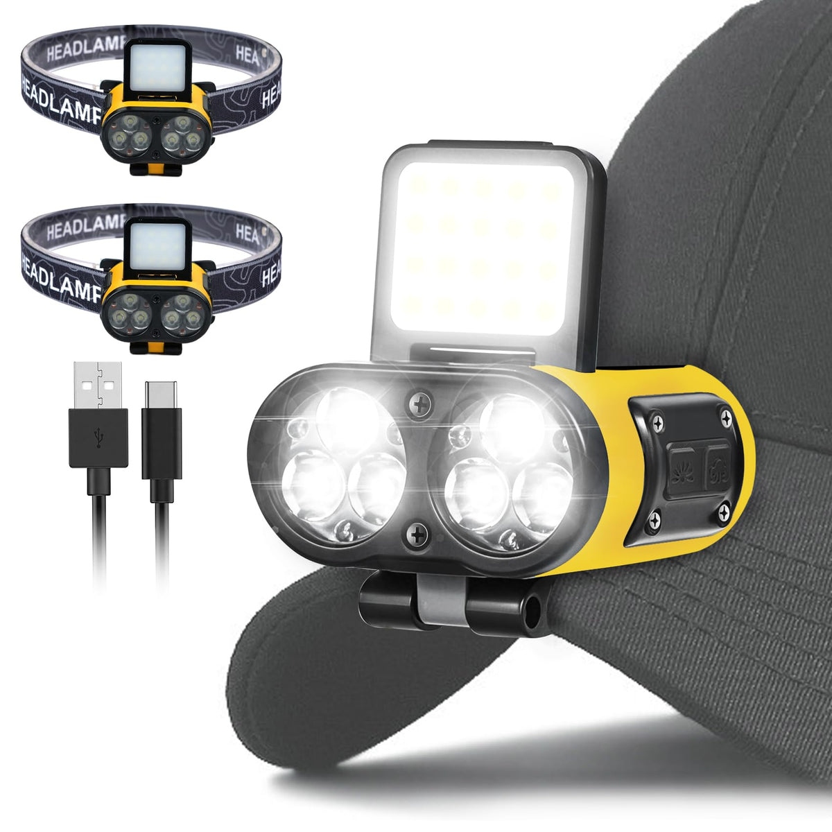 2-Pack Rechargeable Hat Clip Lights, 900LM Spot & COB Clip-On Headlamps