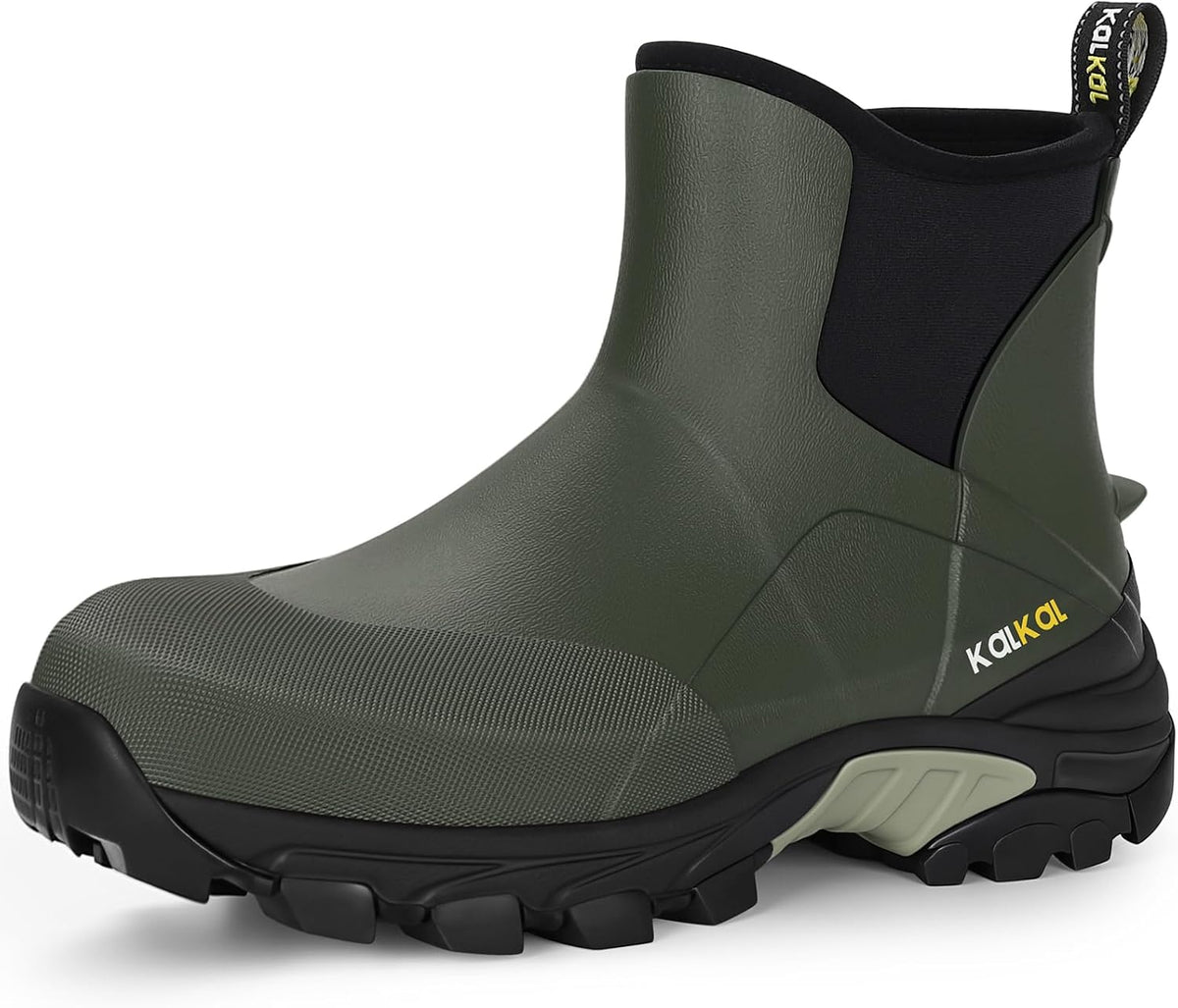 Kalkal Men's Ankle Rain Boots Waterproof Rubber Boots with Shock Absorption Sports Sole, Insulated Outdoor Mud Boots for Casual Yard Work