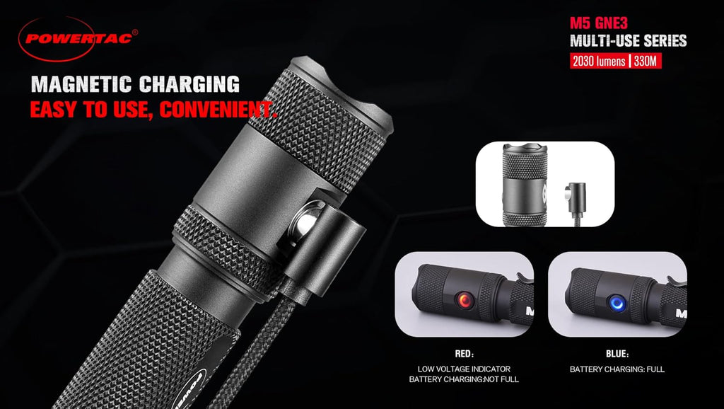 PowerTac M5-G3 2030 Lumens Rechargeable Tactical Flashlight, 330M Throw with Magnetic Charging and Dual Switch, LED Flashlight for Outdoor Emergency