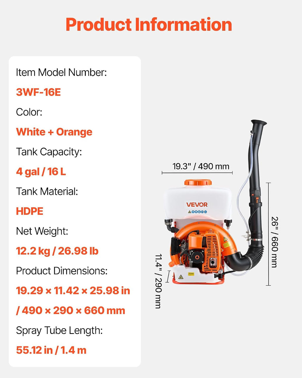 VEVOR Backpack Fogger Sprayer, 63CC 3HP Engine, Gas Powered Fogger Sprayer with 4 Gallon Tank, Powder and Liquid Mister Duster System for Effective Fleas Ticks Critters Control, Gardening & Farming