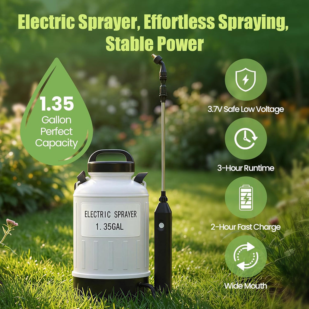 1.35 Gallon Battery Powered Sprayer, USB Pump Sprayer with Extendable Wand