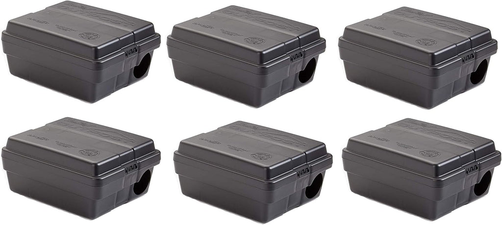 Tomcat Outpost rat bait station, set of 6, lockable tamper-resistant, vertical or horizontal mount, black, 8.5" x 7" x 5"