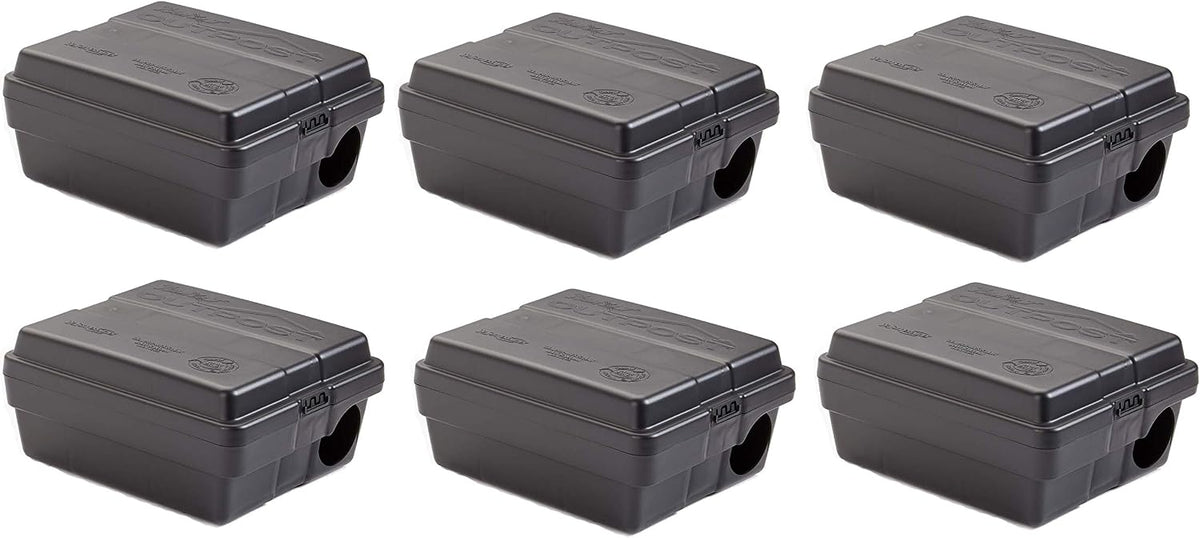 Tomcat Outpost rat bait station, set of 6, lockable tamper-resistant, vertical or horizontal mount, black, 8.5" x 7" x 5"