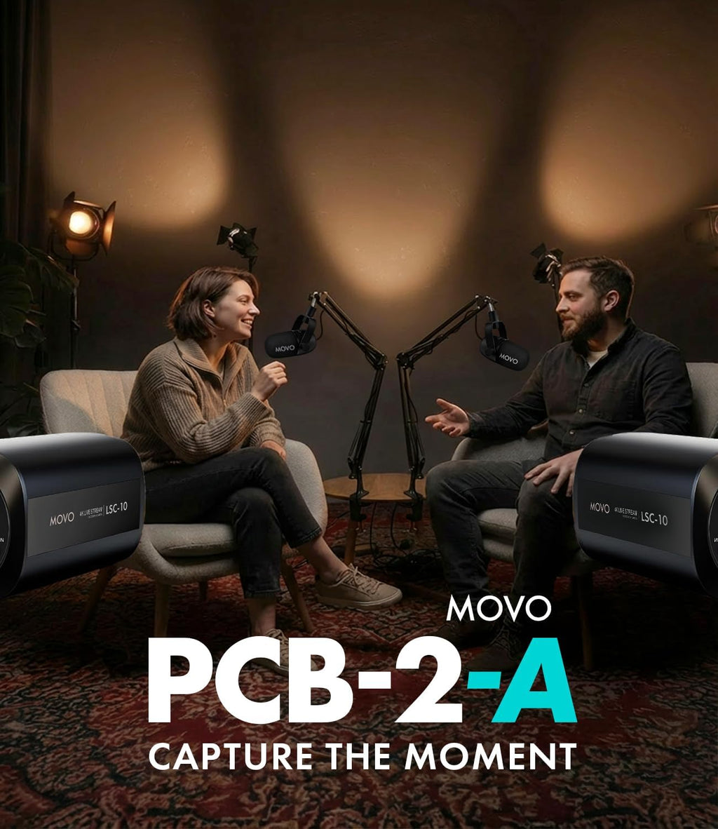 Movo Video Podcast Equipment Bundle – USB Audio Interface, 2 XLR Dynamic Microphones, 2 4K Cameras, 2 Boom Arms – Complete Podcast Setup