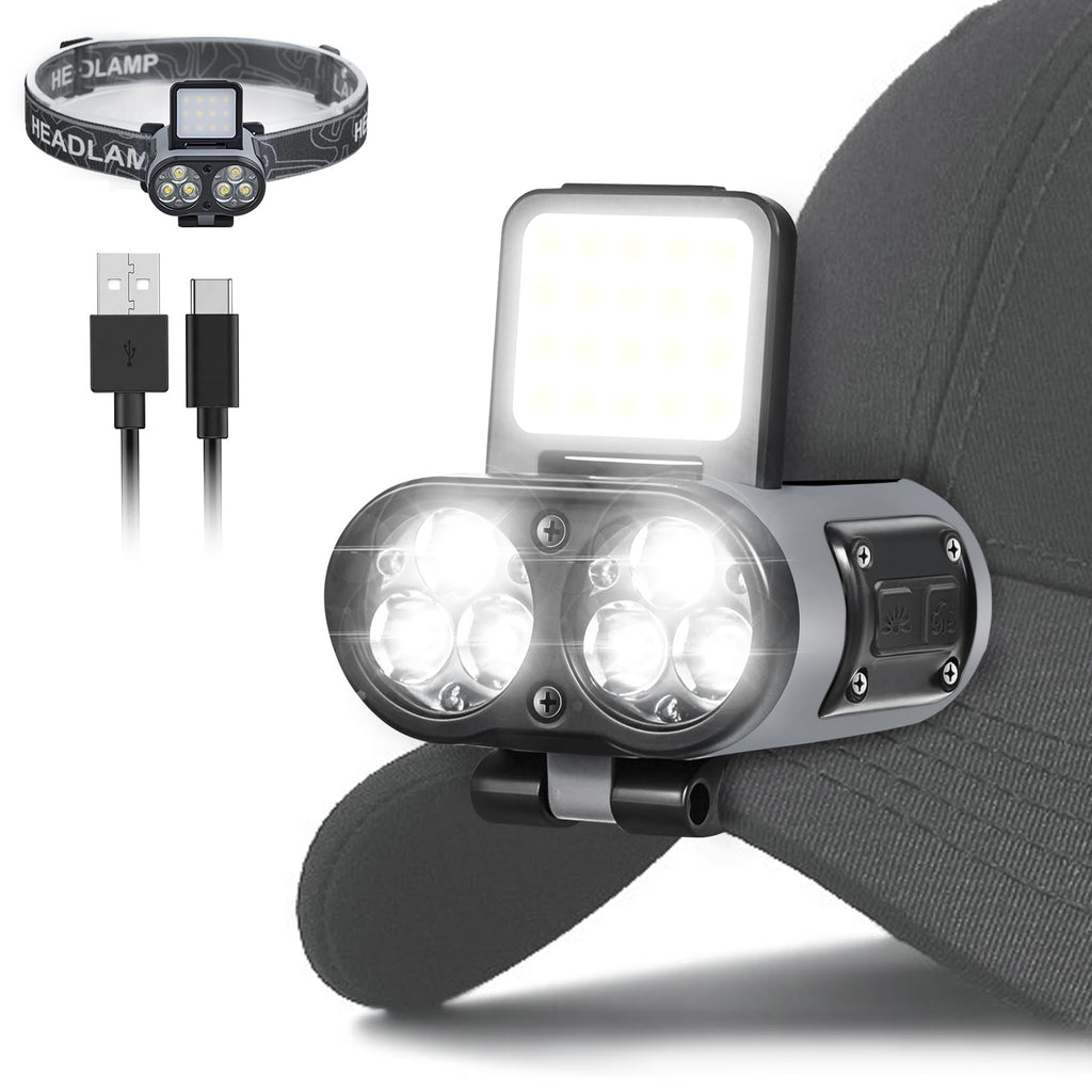 2-Pack Rechargeable Hat Clip Lights, 900LM Spot & COB Clip-On Headlamps