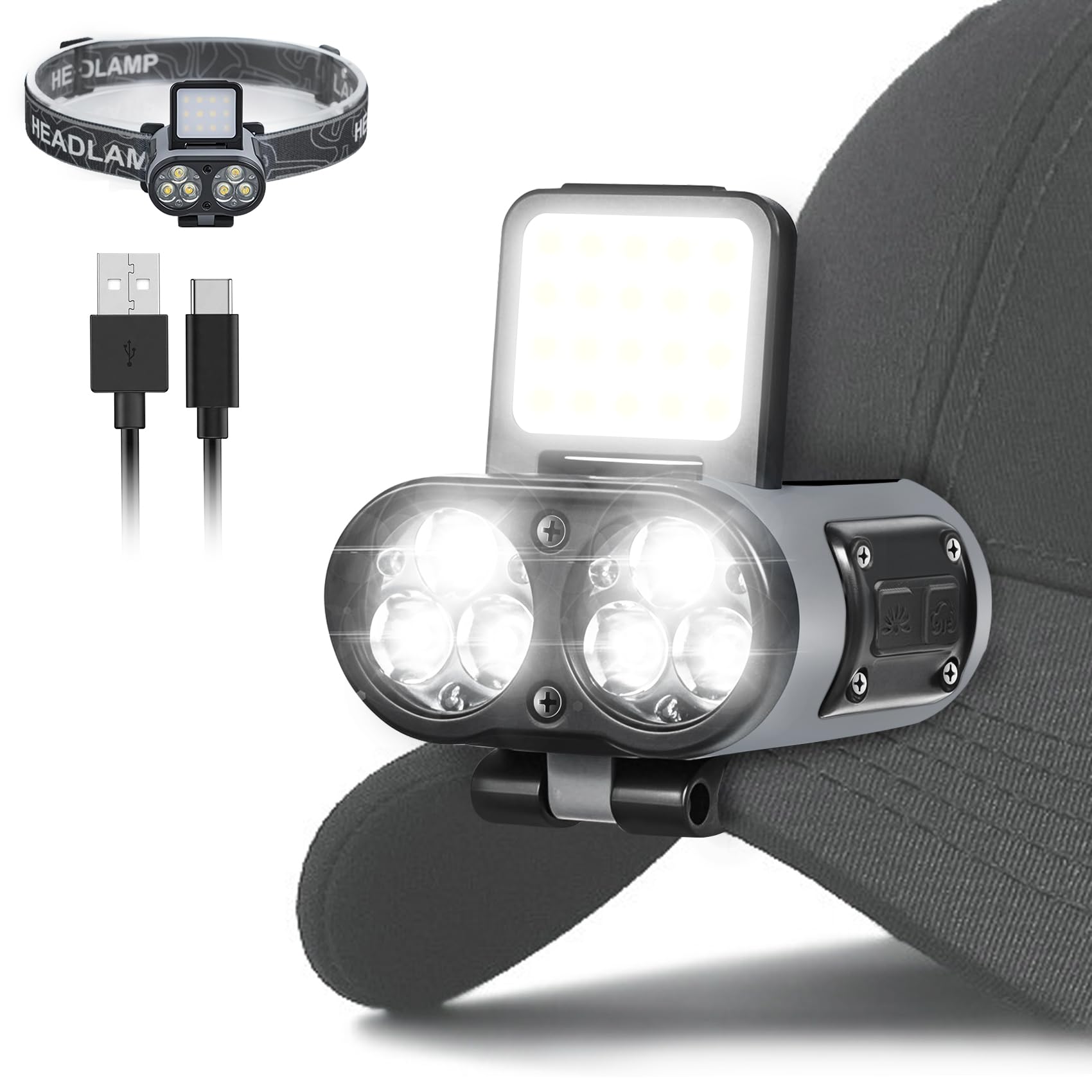 2-Pack Rechargeable Hat Clip Lights, 900LM Spot & COB Clip-On Headlamps