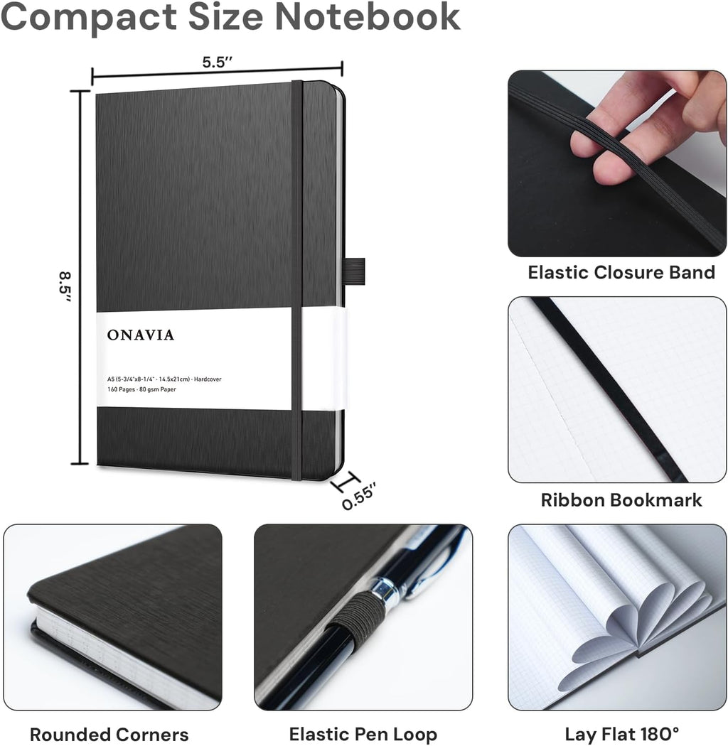 ONAVIA A5 Graph Notebook Hardcover, Work Journal, 160 Pages, Black