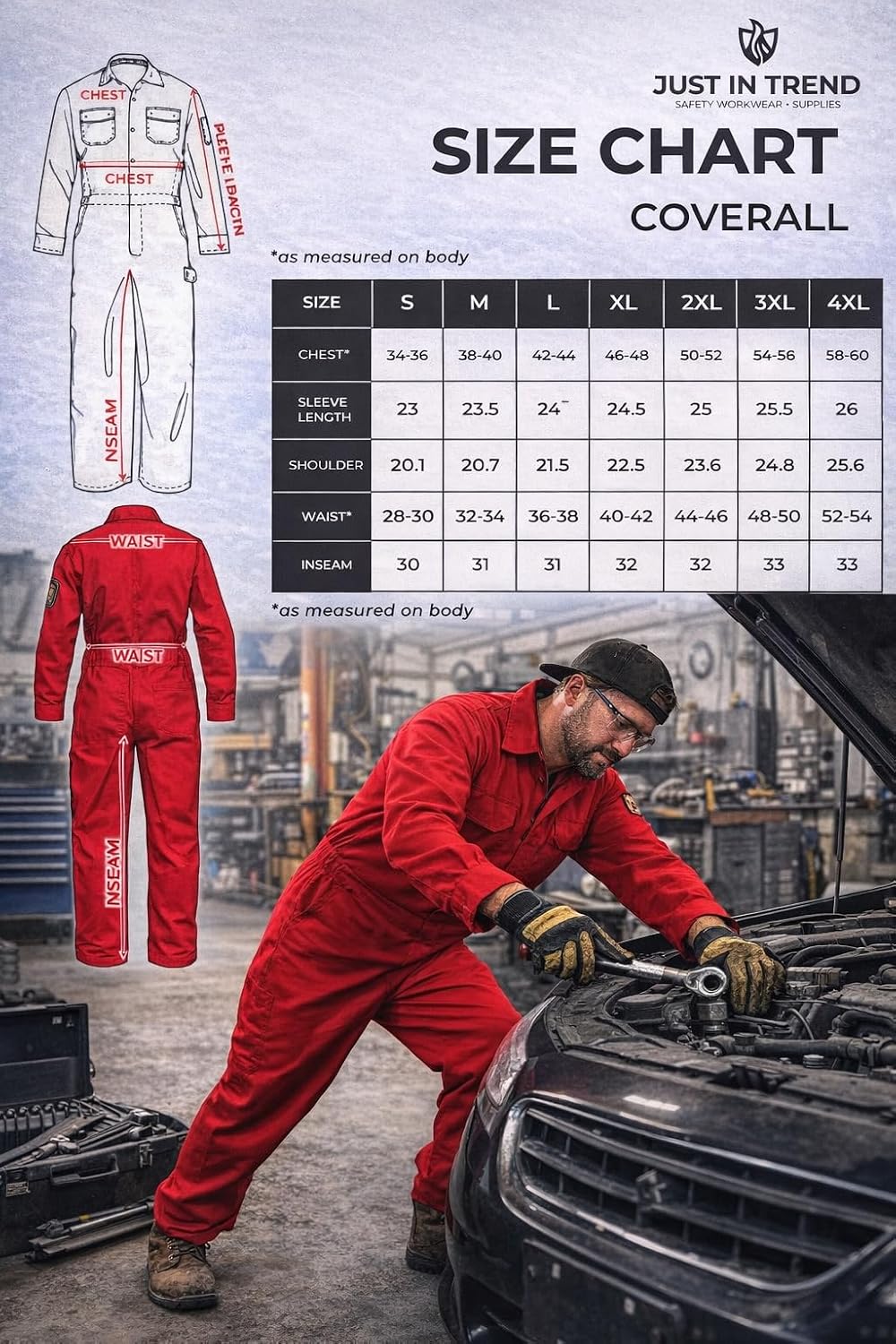 Just In Trend Classic Safety Work Coverall - Long Sleeve - 100% Cotton - 7 oz
