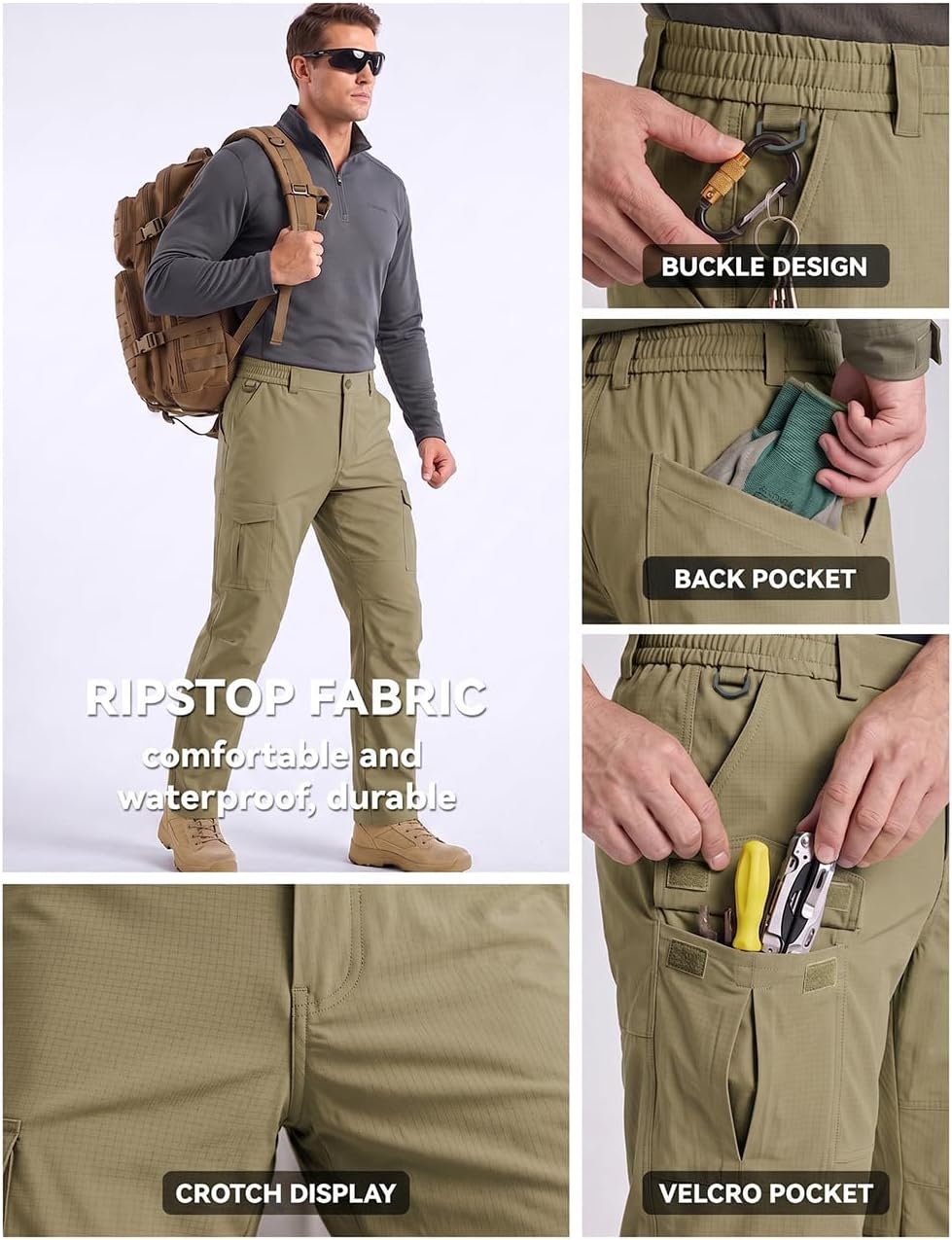 Mens Cargo Work Pants Tactical Outdoor Water Hiking Pants with Pockets Working Carpenter Waterproof Durable Ripstop
