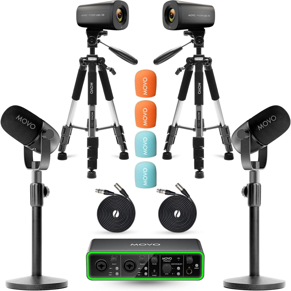 Movo Video Podcast Equipment Bundle – USB Audio Interface, 2 XLR Dynamic Microphones, 2 4K Cameras, 2 Boom Arms – Complete Podcast Setup