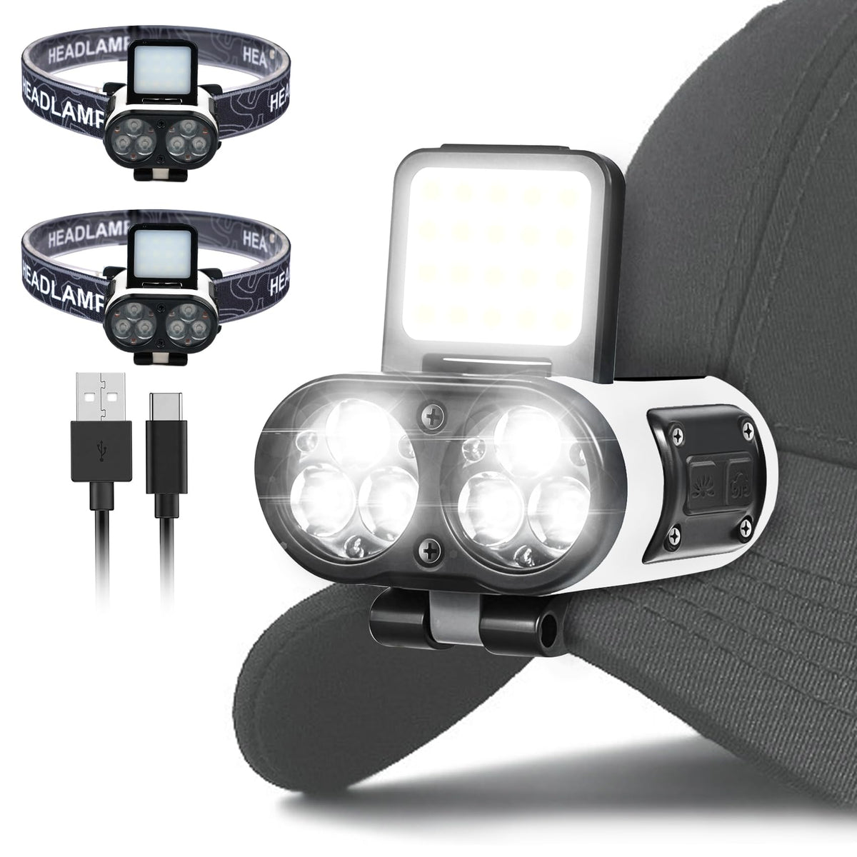 2-Pack Rechargeable Hat Clip Lights, 900LM Spot & COB Clip-On Headlamps