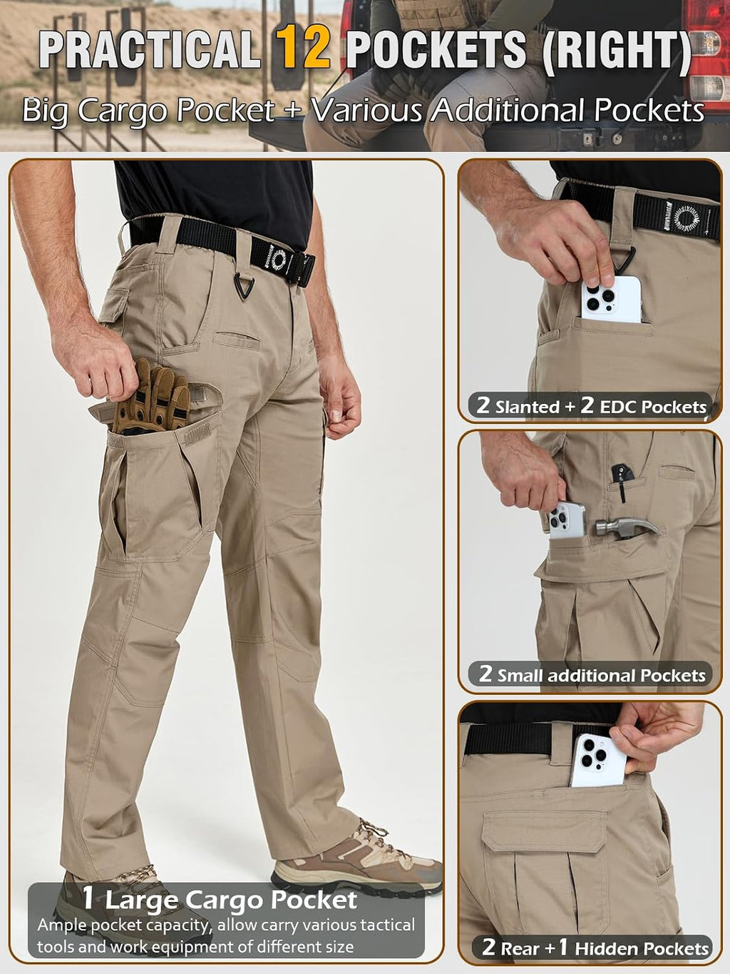 CARWORNIC Men's Stretch Cargo Work Pants Flex Ripstop Water Resistant Utility Tactical Hiking Pants with 12 Pockets