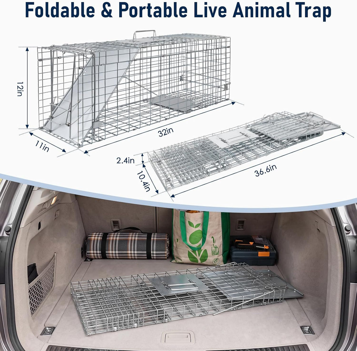 32" Live Animal Trap, Humane Collapsible Raccoon Stray Cat Cage