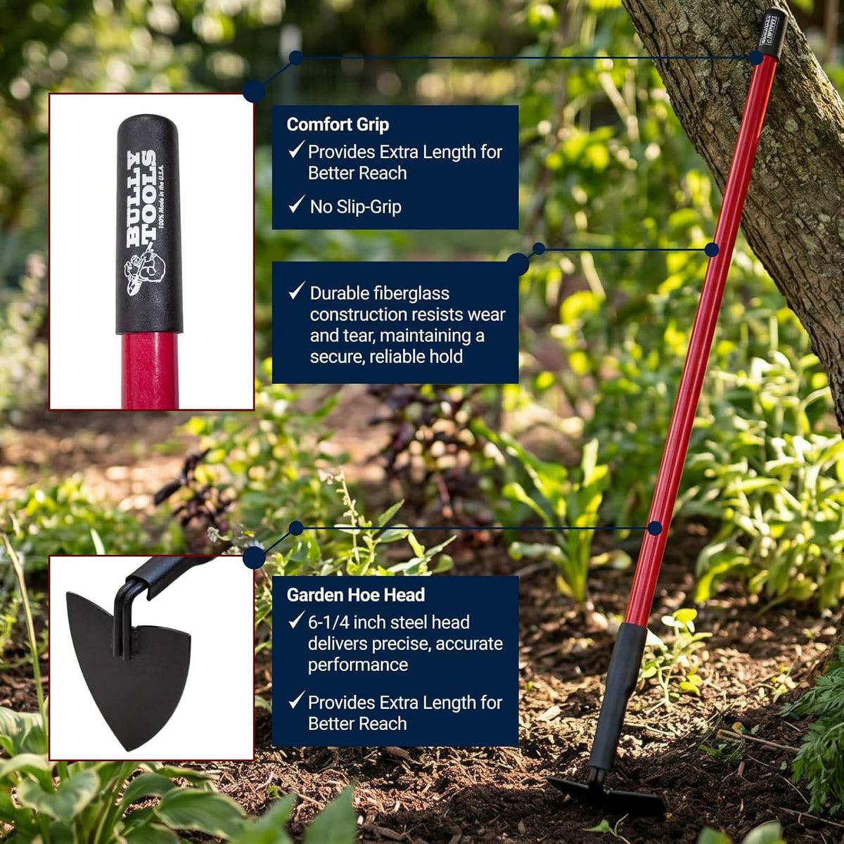 BULLY TOOLS Warren Hoe Professional 12-Gauge 6.25-Inch Garden Hoe Tool with Fiberglass Handle, Commercial Strength, Gardening Tools, 100% Made in The USA