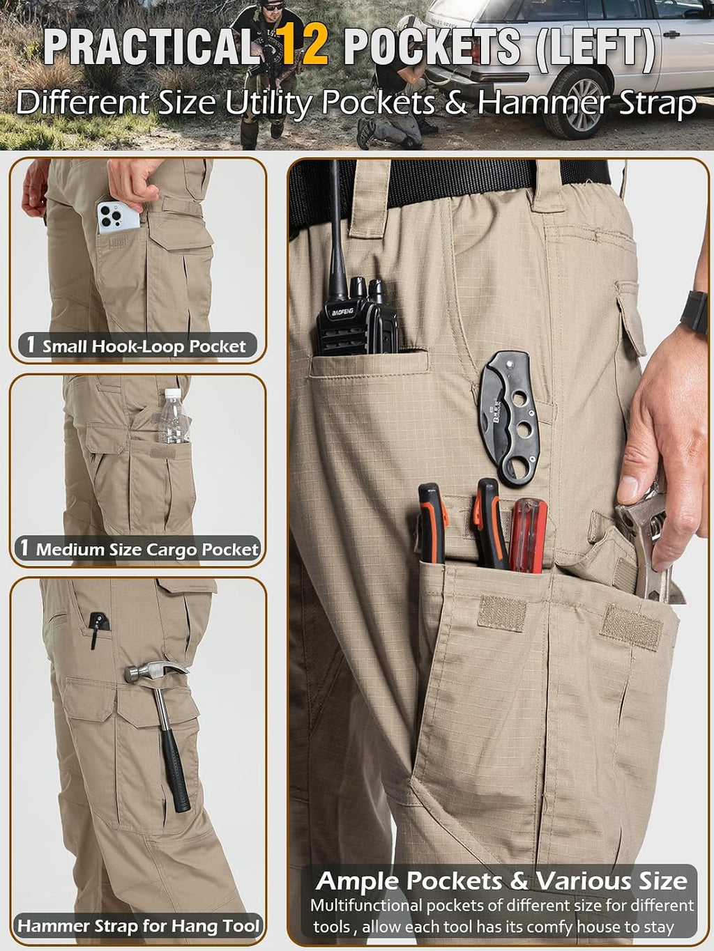 CARWORNIC Men's Stretch Cargo Work Pants Flex Ripstop Water Resistant Utility Tactical Hiking Pants with 12 Pockets