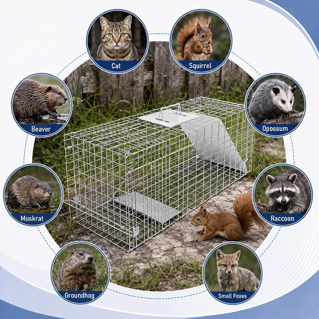 32" Live Animal Trap, Humane Collapsible Raccoon Stray Cat Cage