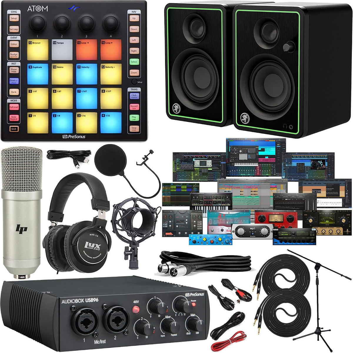 Presonus AudioBox 96 USB Audio/MIDI Interface with New Version Studio One Artist & Studio Magic Plug-in Suite with CR3-X Creative Multimedia Monitors and ATOM MIDI Pad Controller + Condenser Mic