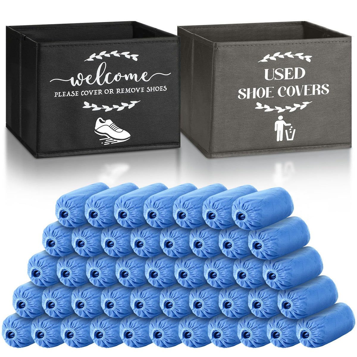 Suzile 200 Pcs Disposable Shoe Covers with 2 Pcs Box Open House Supplies Foldable Booties Shoe Covers Holder Storage Bin for House Indoor Guest Supplies, 10 x 10 x 8 Inch(Beige,Gray,Blue)