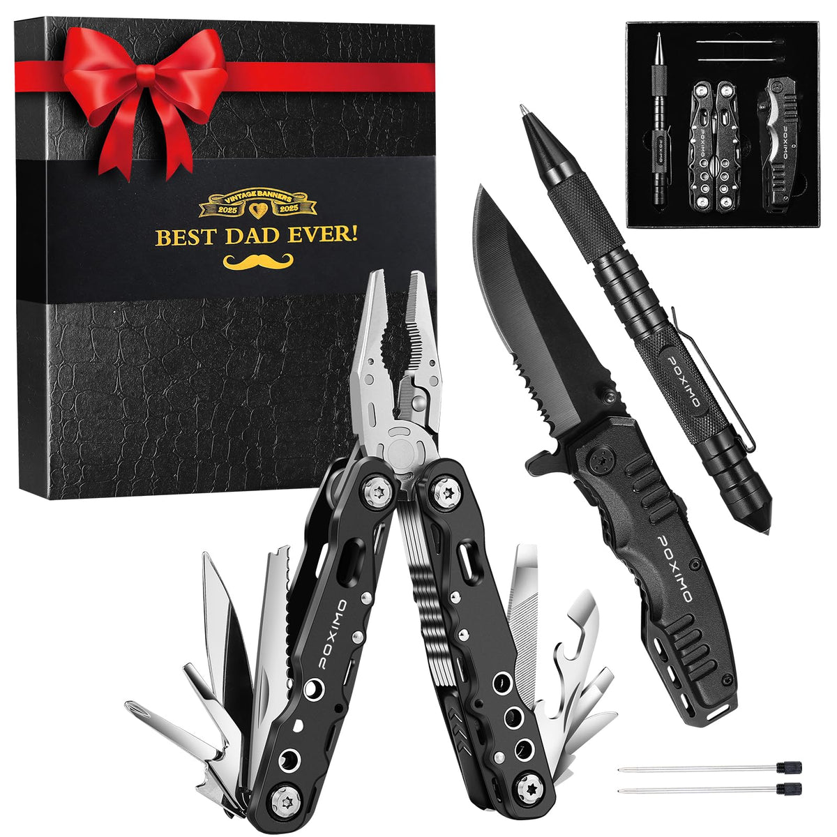 Multitool Gift Set for Men Dad Him, 3-in-1 EDC Survival Kit with 14 in1 Multi-Pliers, Pocket Knife & Tactical Pen | Premium Military-Grade Multi Tools for Camping, Car, Father’s Day, Dad Gifts