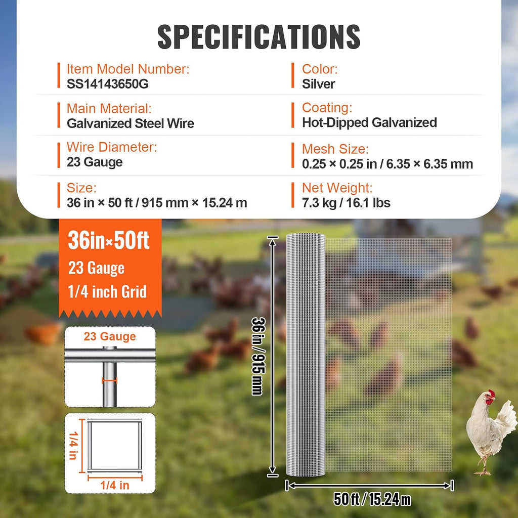 VEVOR Hardware Cloth, 1/4 inch 36in x 50 ft 23 Gauge, Hot Dipped Galvanized Wire Mesh Roll, Chicken Wire Fencing, Wire Mesh for Rabbit Cages, Garden, Small Rodents