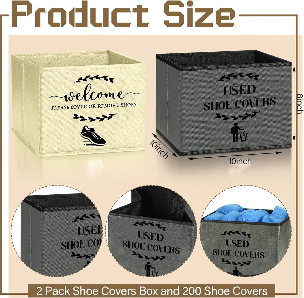 Suzile 200 Pcs Disposable Shoe Covers with 2 Pcs Box Open House Supplies Foldable Booties Shoe Covers Holder Storage Bin for House Indoor Guest Supplies, 10 x 10 x 8 Inch(Beige,Gray,Blue)