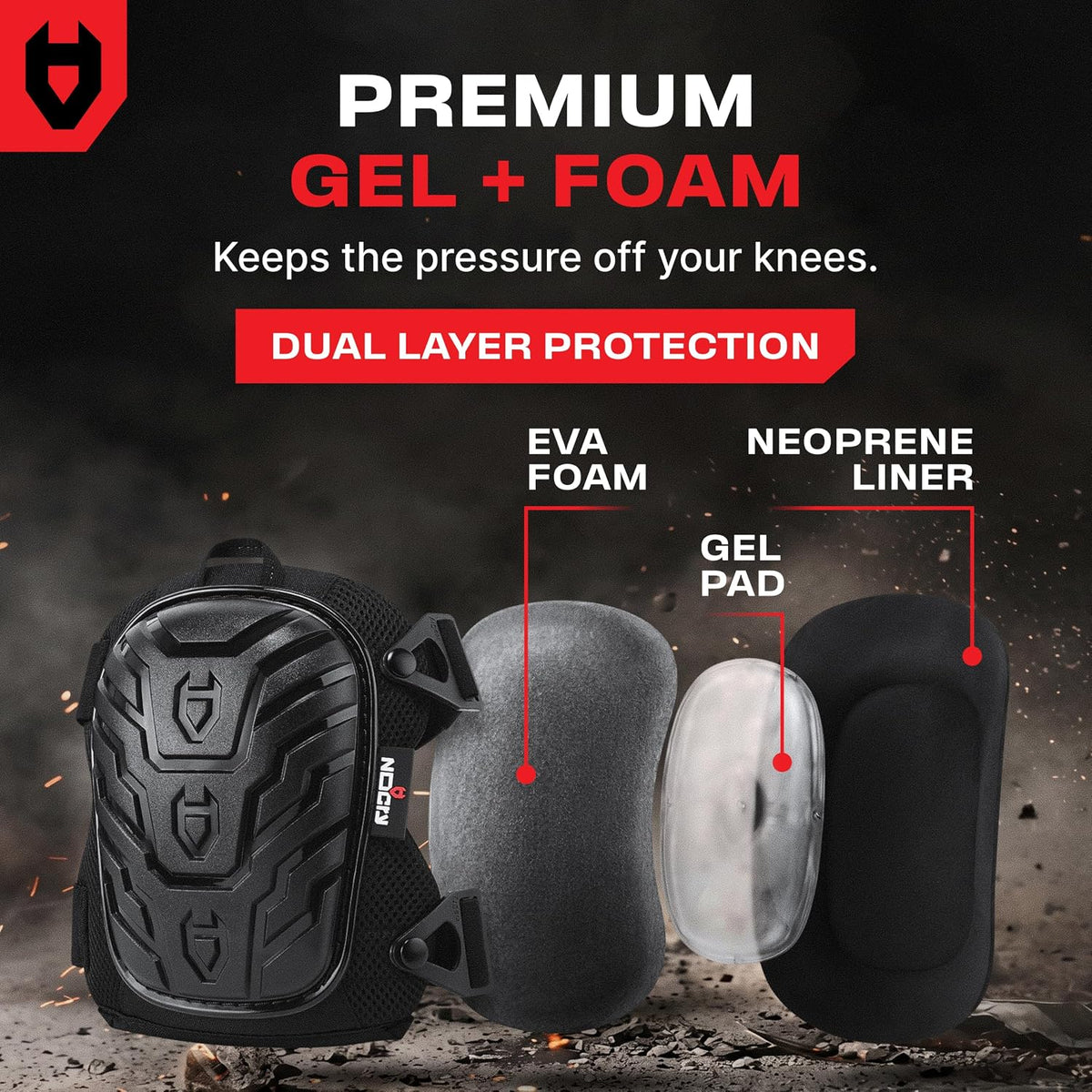NoCry Professional Gel Knee Pads for Work with Soft Foam and Gel Cushion — Heavy Duty Cap, Reinforced Adjustable Straps, Military Grade Rivets and Built-in Hang Loops — Perfect for Construction