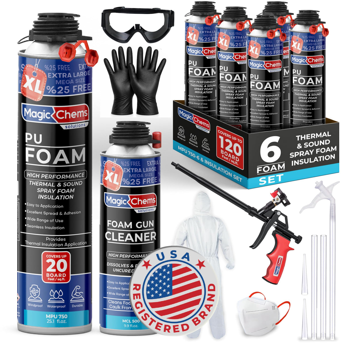 Spray Foam Insulation Kit (6 Pack-25.4 oz) Expanding Foam Sealant for Thermal & Acoustic InsulationFoam, Closed Cell, High Density SprayFoam, Covers up to 120 Board feet/sq. ft. Cleaner, Gun