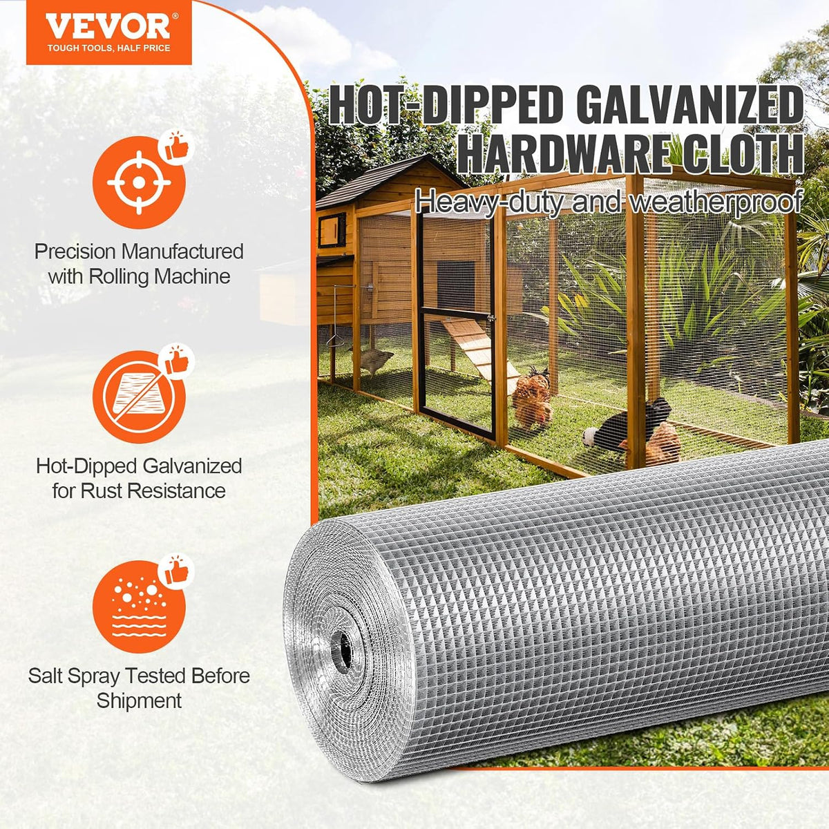 VEVOR Hardware Cloth, 1/4 inch 36in x 50 ft 23 Gauge, Hot Dipped Galvanized Wire Mesh Roll, Chicken Wire Fencing, Wire Mesh for Rabbit Cages, Garden, Small Rodents