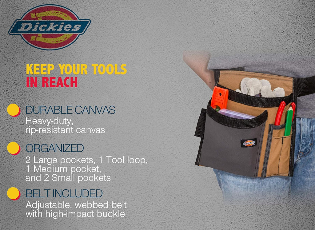 Dickies 5-Pocket Single Side Tool Belt Pouch/Work Apron, Durable Canvas Construction, Adjustable Belt for Custom Fit