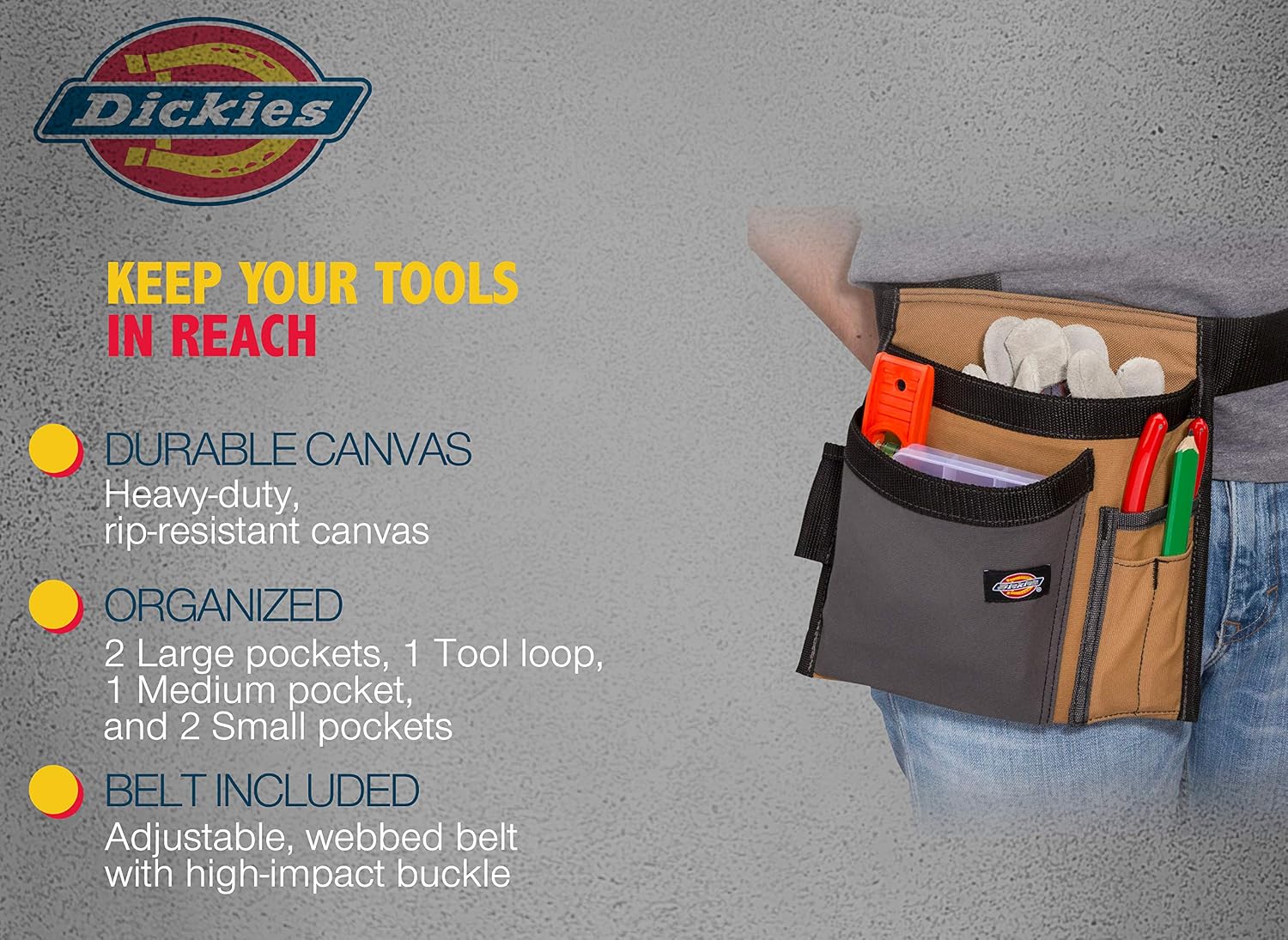 Dickies 5-Pocket Single Side Tool Belt Pouch/Work Apron, Durable Canvas Construction, Adjustable Belt for Custom Fit